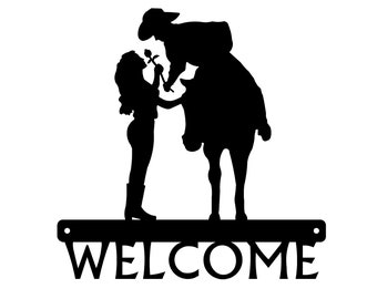 Romantic couple  Welcome Sign 12 inches - Cowboy and Cowgirl - western - Made in USA