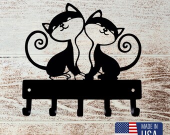 Twin Cats Key Holder: Laser Cut Steel with 5 Hooks, 6-Inch Wide