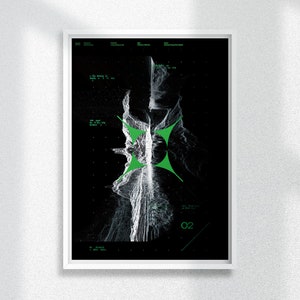 Peut inclure: Une affiche noire et blanche avec un motif géométrique vert au centre. L'affiche a du texte en police verte qui dit "02".