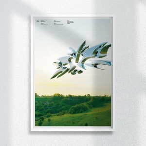 May include: A poster with a white frame and a white background. The poster features a silver abstract sculpture against a backdrop of a green field and a blue sky. The text "IM" is in the top left corner of the poster.