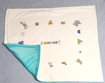 Süße Babydecke, einzigartiges Design, handbemalt, Babypartygeschenk, handgemacht, 100% Baumwolle, natürliches Volumenvlies, weicher türkiser Minky, Kinderandenken