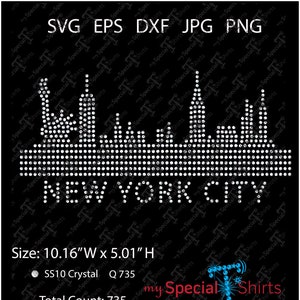 New York City Skyline SS10, SVG Instant Download Rhinestone Design, Silhouette New York Digital Download (.svg, dxf .eps) File di taglio di trasferimento