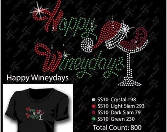 SVG Instant Download Rhinestone Design, Happy Wineydays, Christmas, Santa hat on Wine Glass Digital (svg, dxf .eps) Rhinestone Transfer