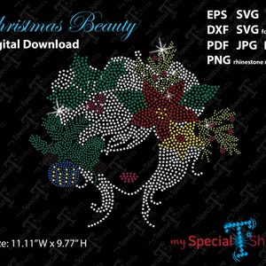 May include: A digital download of a rhinestone design featuring a Christmas-themed woman with a wreath of holly and ornaments. The design is 11.11 inches wide and 9.77 inches high.