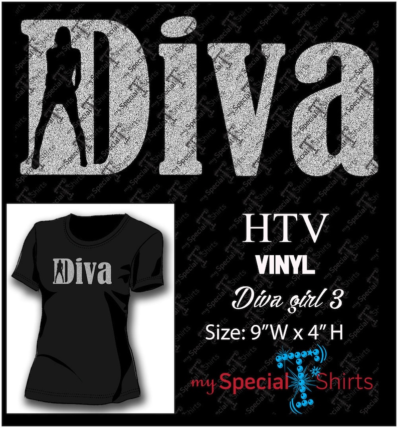 May include: A black t-shirt with a silver glitter design that says "Diva" with a silhouette of a woman in a dress. The design is 9 inches wide and 4 inches high. HTV Vinyl.