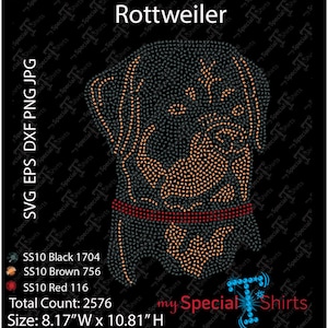 Op de afbeelding: Een Rottweiler-ontwerp van zwarte, bruine en rode strasssteentjes. Het ontwerp is 8,17 inch breed en 10,81 inch hoog. Het totale aantal strasssteentjes is 2576.
