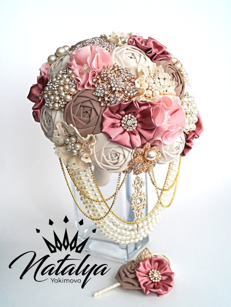 mauve ivory Cotton Bouquet powdery Brooch Bouquet gold Unique Wedding Bridal Bouquet pearl Fabric Bouquet Vintage Rustic Bouquet