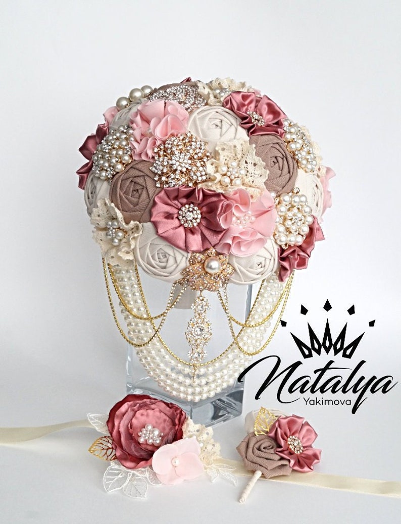 mauve ivory Cotton Bouquet powdery Brooch Bouquet gold Unique Wedding Bridal Bouquet pearl Fabric Bouquet Vintage Rustic Bouquet
