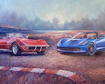 Art Original Painting, Chevrolet, Corvette Stingray, C3, C7, Convertible, Oil Painting, Picture in Stock, 2.3 Days Shipping, Painting, Autosport.