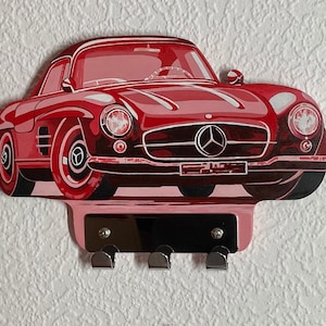 Oldtimer, Mercedes Benz SL 190, bouwjaar 1960, roadster. Originele handgemaakte sleutelhouder, acryl op MDF-plaat. Duitsland, sleutelhouder