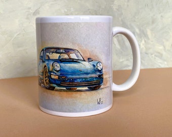 Printed porcelain coffee cup, Porsche 911, Carrera RS 964, year of manufacture 1992, vintage car, coupe, retro, watercolor print by Waldemar Popp, gift idea
