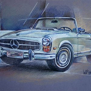 Pintura original Mercedes-Benz SL 250 BJ 1967 descapotable, pintura original, coche vintage, Made in Germany, Autosport, Daimler, retro, pastel suave