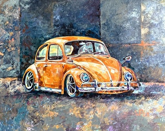 Original painting VW Beetle 1300 Deluxe, year of manufacture 1979, classic car, acrylic painting, German car, in stock.