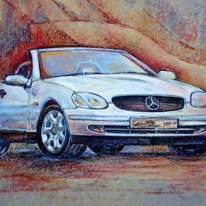 Pintura original de arte, Mercedes Benz R170, BJ 1996, SLK, pintura, esportes automobilísticos, retrô, pastel, Stuttgart, estilo retrô, pintura, feita à mão.