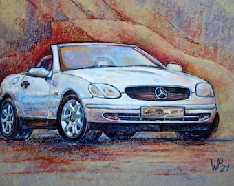 Kunst Originalgemälde, Mercedes Benz R170, BJ 1996, SLK, Malerei, Autosport, Retro, Pastell, Stuttgart, Retrostyle, Painting, Handgefertigt.