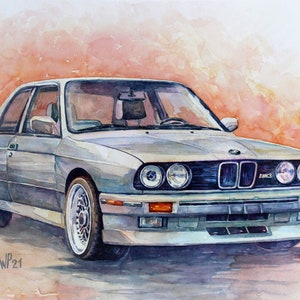 BMW E30 M3 stampa ad acquerello di Waldemar Popp, serie M3, BJ-1985, Oldtimer, Con telaio cambia vetro, Vero legno, Vetro UV, Watercorol, Germania