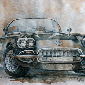 Art Original Painting Chevrolet Corvette C1 BJ 1958, Watercolor