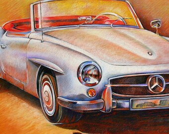 Mercedes-Benz アートボード アンティーク Original Painting Mercedes-benz 190 SL Built in 1955, Convertible