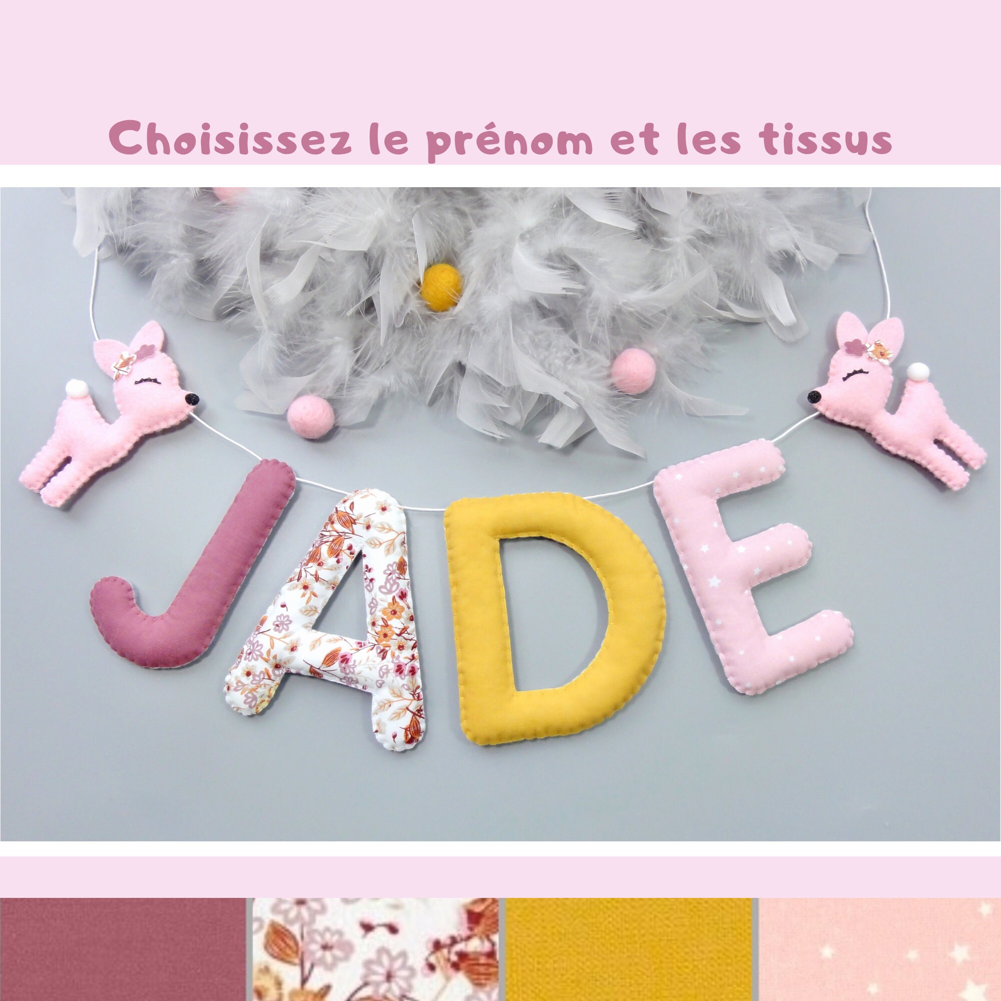 Pink and yellow fabric name garland with liberty patterns