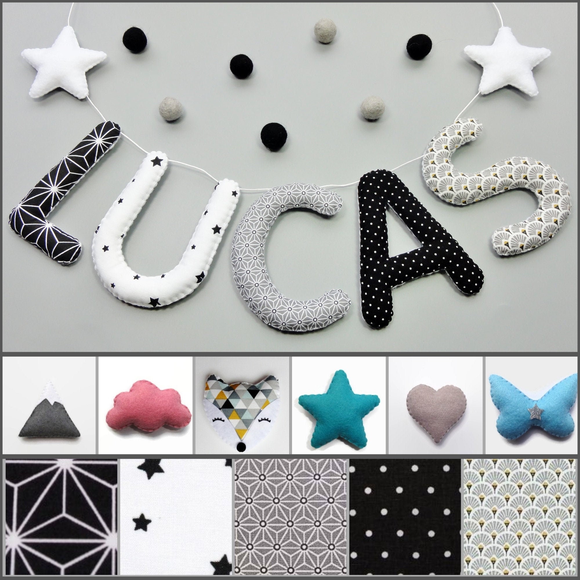 Décoration Guirlande Prénom en Tissu et Feutrine