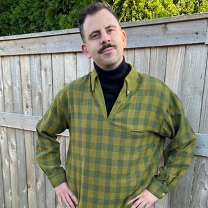 Vintage Plaid Hipster Pullover V Neck Turtleneck Green Black Sears Large XL