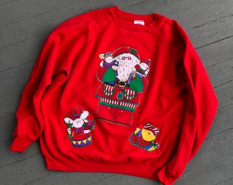 Handmade Vintage Christmas Santa Holiday Ugly Sweatshirt Sweater Large Red Sparkle