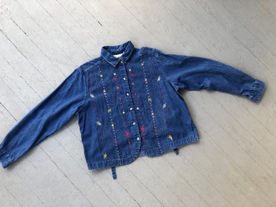 Vintage denim embroidered autumn leaves button up… - image 5