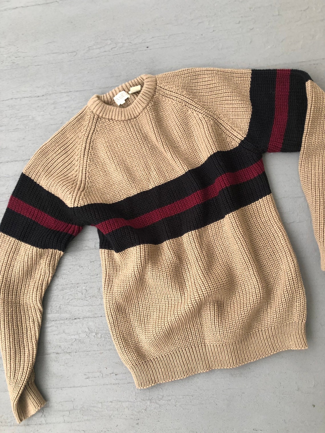 Best 80s Shaker Knit Sweater Tan Black Maroon Stripe Chunky Etsy