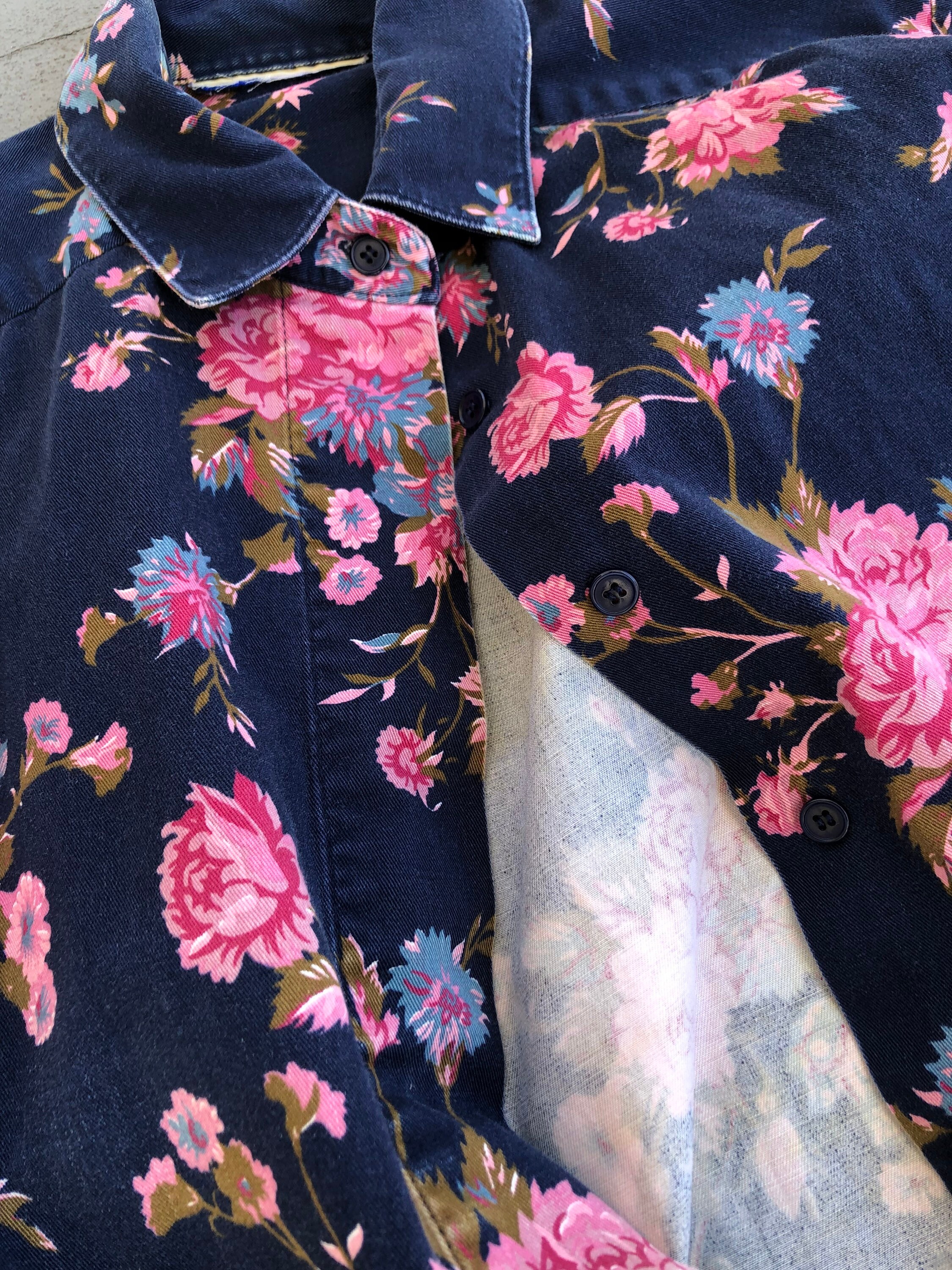 80s Big Shirt Big Floral Top Victorian Flowers Print Navy Pink