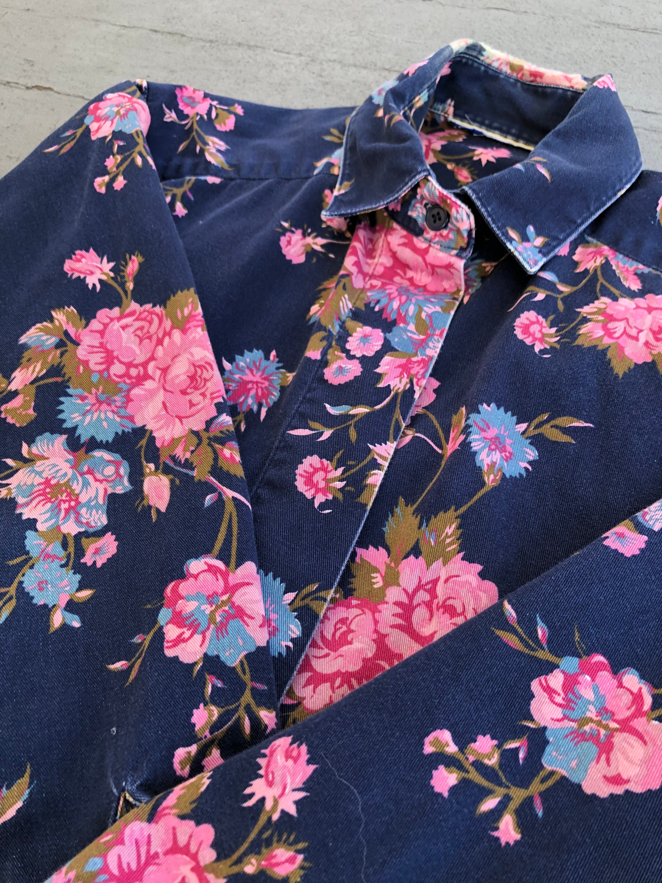 80s Big Shirt Big Floral Top Victorian Flowers Print Navy Pink