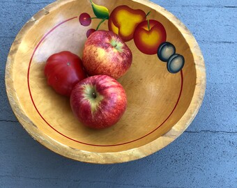 Vintage Cottage Chic Rustic Wooden Bowl Painted Fruit Stripe // Wood Bowl Cottage Core