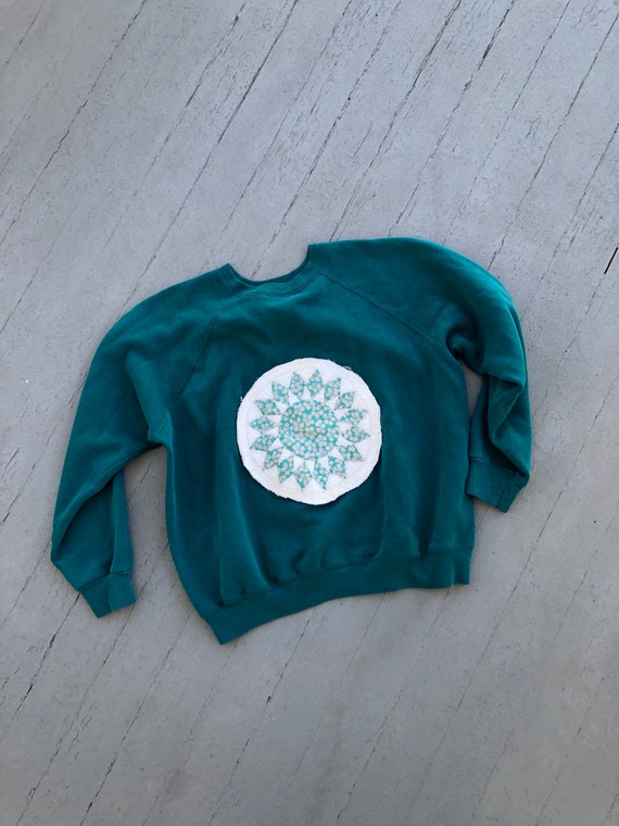 Vintage Teal Sweatshirt Upcycled Quilt Circle Larg