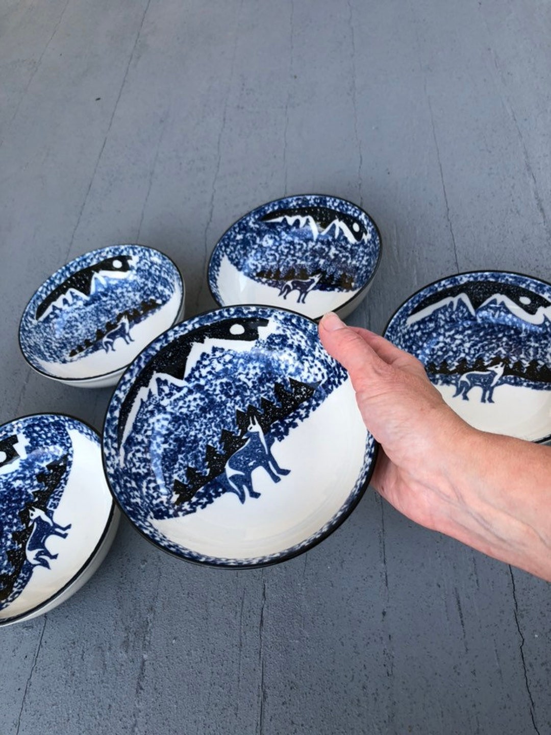 Folk Craft Wolves Moon Bowls Set // Wolf Bowl Five // Tienshan Wolf