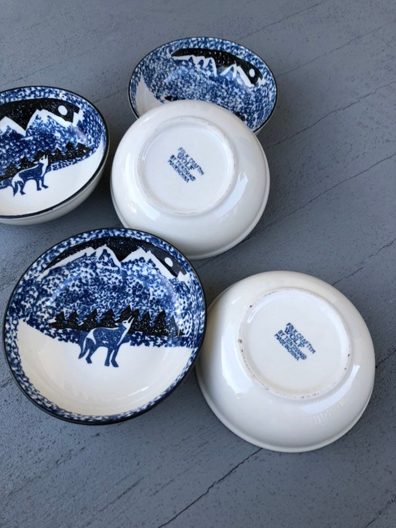 Folk Craft Wolves Moon Bowls Set // Wolf Bowl Five // Tienshan Etsy