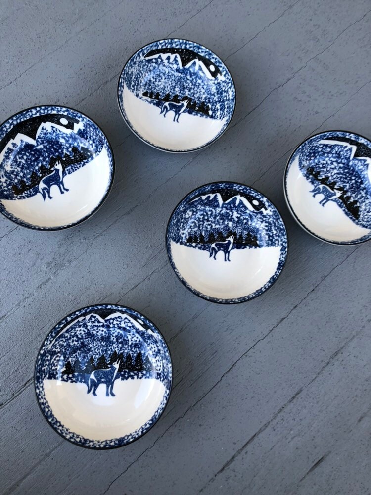 Folk Craft Wolves Moon Bowls Set // Wolf Bowl Five // Tienshan Etsy