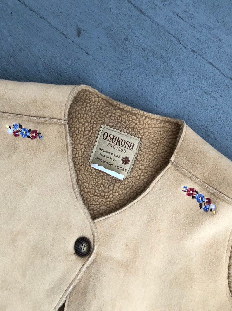 Vintage Oshkosh Suede Vest Youth Large Adult Small or Medium 90s Floral and Fleece Vest