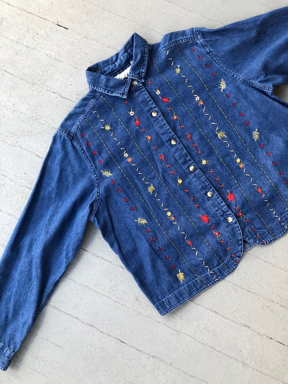 Vintage denim embroidered autumn leaves button up… - image 2