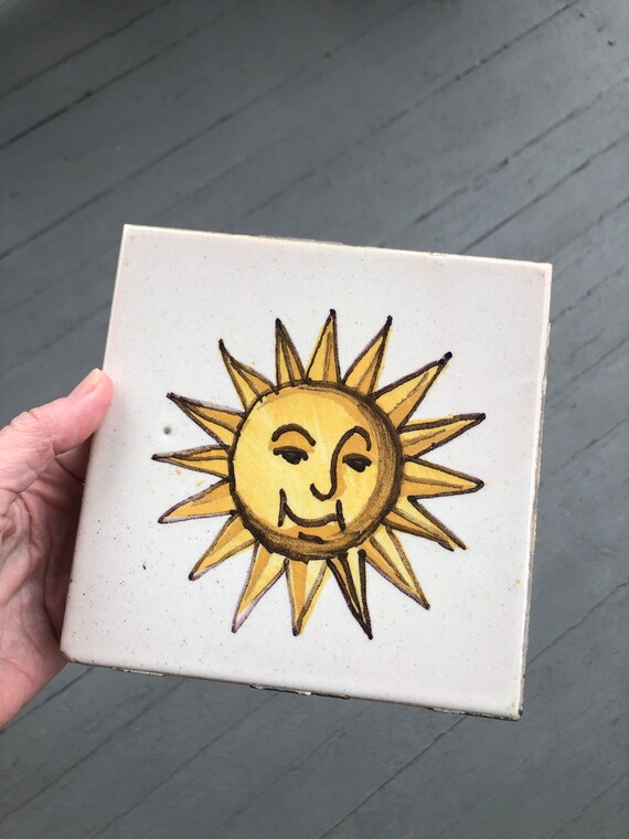 Vintage Hand Painted Sun Tile Trivet European