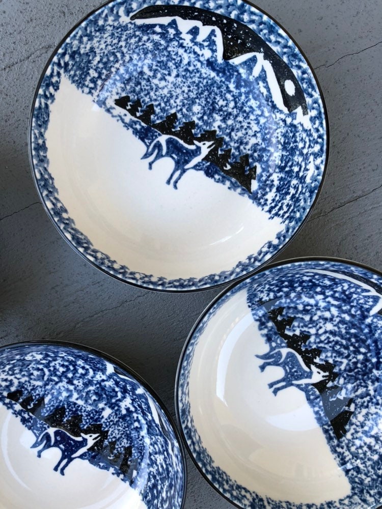 Folk Craft Wolves Moon Bowls Set // Wolf Bowl Five // Tienshan Etsy