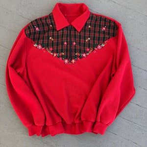 Vintage Red Embroidered Zip Pullover Large // Plaid Cotton Zipper Top