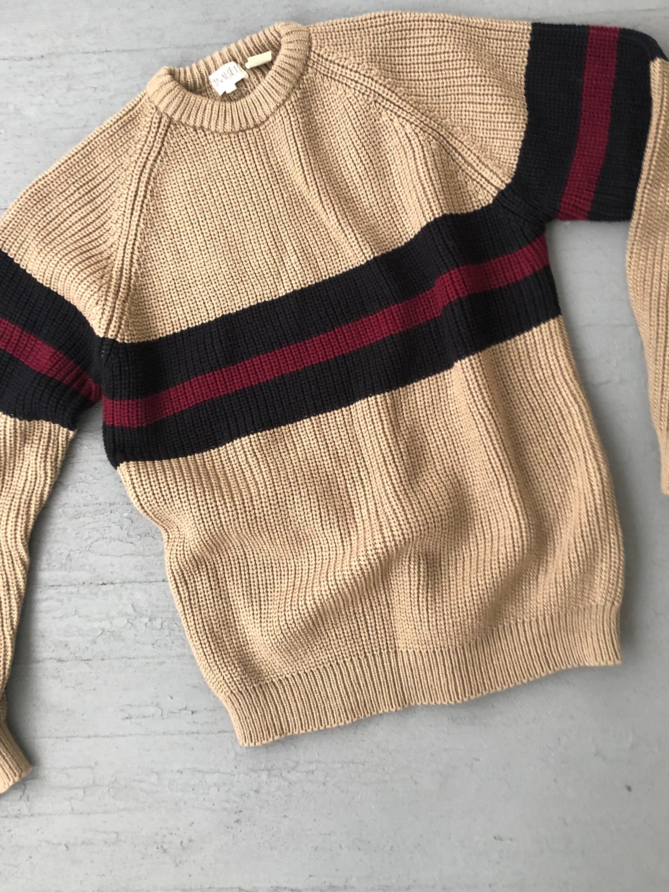 Best 80s Shaker Knit Sweater Tan Black Maroon Stripe Chunky Pullover