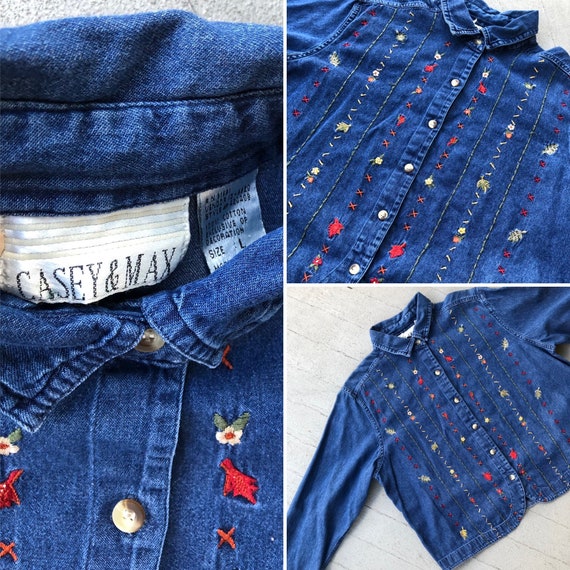 Vintage denim embroidered autumn leaves button up… - image 7