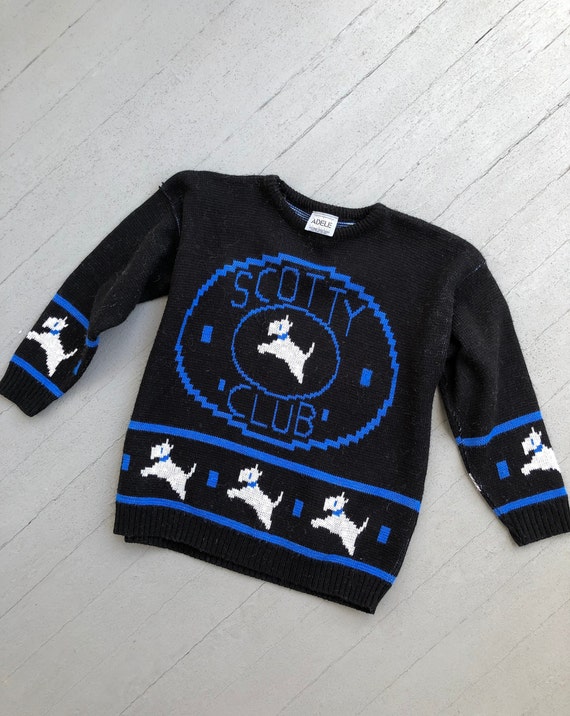 Vintage 80s Adele Scotty Club Graphic Sweater // Dog Lover Pullover // Blue Black