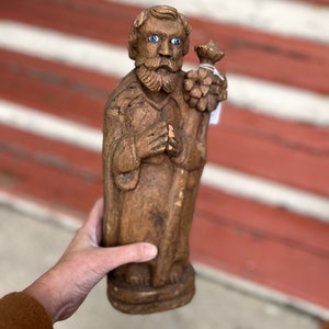 Primitive Driftwood Sculpture Saint Realistic Glass Eyes Vintage Antique St Joseph Flower
