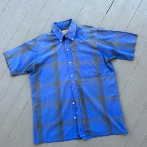 Vintage Old Man Shirt Short Sleeve Arrow Blue Plaid Grandpa 60s