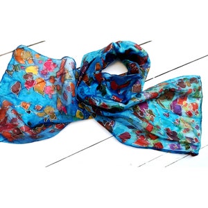 Blue Silk scarf hand painted,colourful leaves scarf,daughter gift scarf,silk neck accessory, hair silk tie, summer scarf, black dress scarf