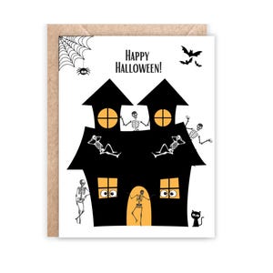 Funny Haunted House Halloween Card: Quirky Skeletons