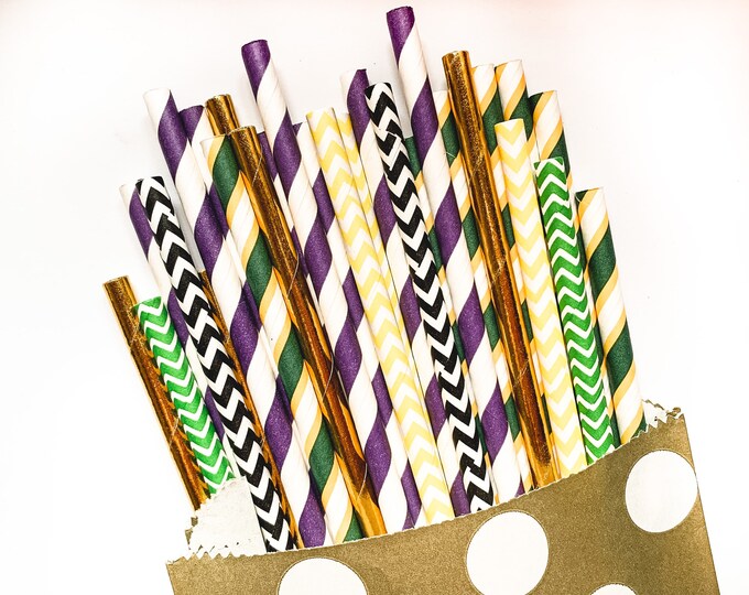 Mardi Gras Staws Purple Yellow Green and Gold Straws Mardi Gras Decor