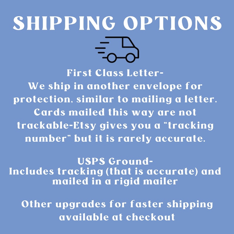 Peut inclure: Un fond bleu avec du texte blanc d&eacute;crivant les options d'exp&eacute;dition pour les commandes Etsy. Le texte indique "SHIPPING OPTIONS" avec une petite ic&ocirc;ne de camion de livraison. Le texte continue avec "First Class Letter- We ship in another envelope for protection, similar to mailing a letter. Cards mailed this way are not trackable-Etsy gives you a "tracking number" but it is rarely accurate. USPS Ground- Includes tracking (that is accurate) and mailed in a rigid mailer. Other upgrades for faster shipping available at checkout."