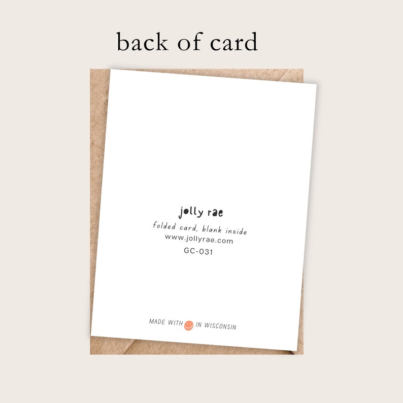 Shows back of card which has company name, website, sku and made in wisconsin.